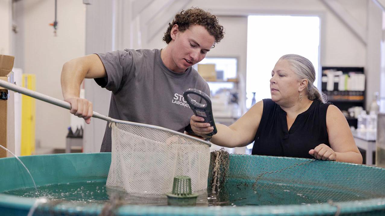 Mike Penka working on fishing lure research at Stone Lab that will effect the fishing and tourism industry along Lake Erie with his advisor Suzanne Gray