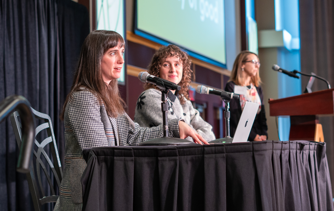 Erin Welsh (left) and Erin Allmann Updyke (right) speak during the seventh annual Infectious Disease Institute meeting.