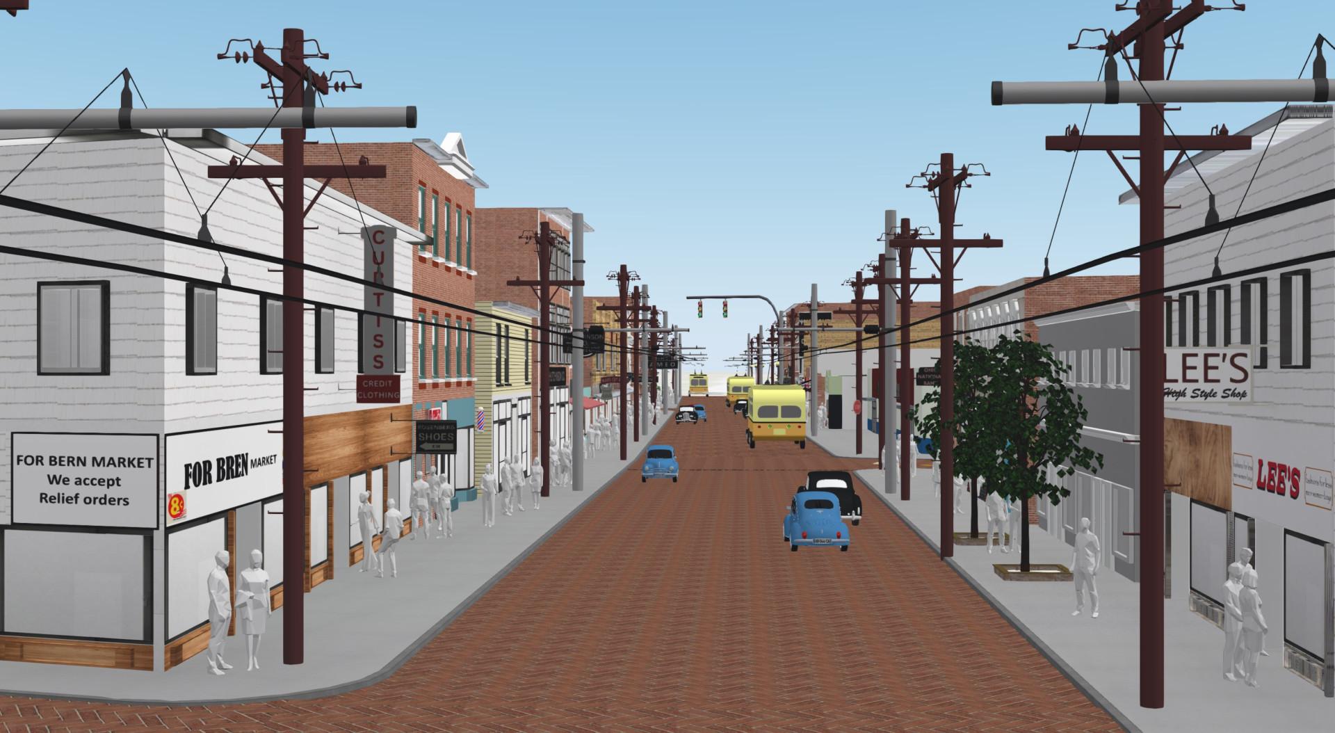 Based on community feedback, brick streets, vehicles and people were added to this digital model of Mount Vernon Avenue as it appeared in 1951.